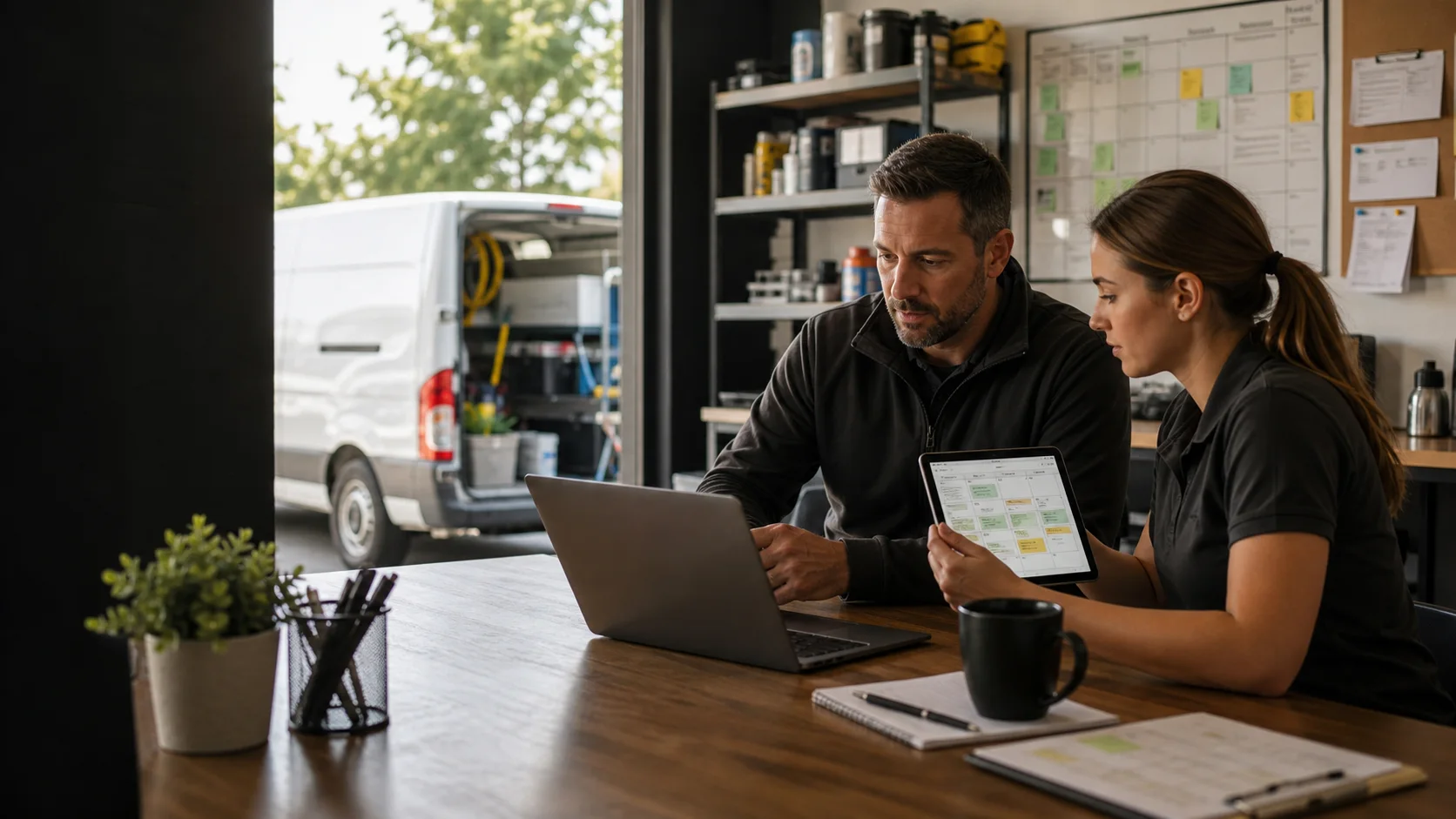 Two service technicians reviewing online bookings on a laptop and tablet in their shop